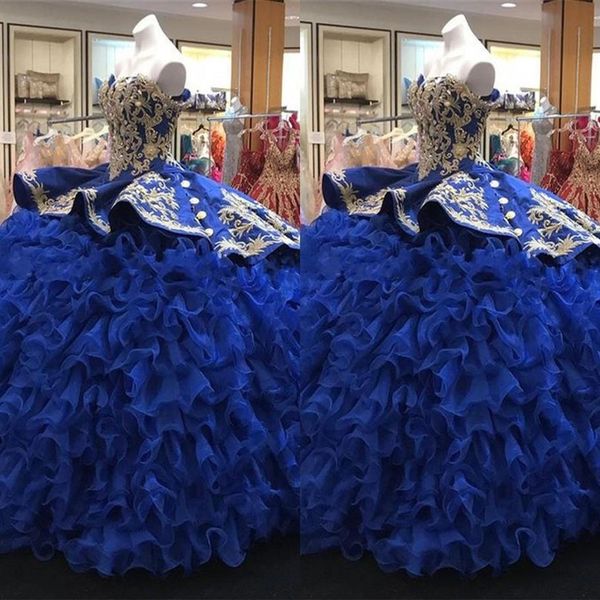 2023 Impresionante vestido de fiesta Vestidos de quinceañera Azul real y con cuentas de oro bordado Organza Ruffle Tiered Princess Sweet 16 Dress P252q