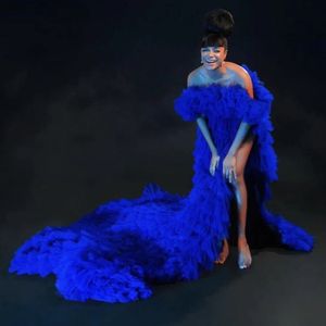 2023 superbes robes de bal de sirène bleu royal hors épaule volants haut côté fendu plus la taille robes de soirée sans manches