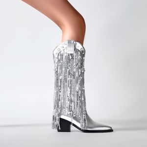 2023 stijl schapenvacht leer puntige pillage toe enkellaarsjes kwastjes laarsjes mode casual feestjurk schoenen 7 cm dikke hakken diamant zirkoon strass maat 35-43