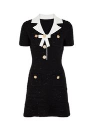 Primavera verano Black Contrast Color Cinknot Vestido Bownot Manga corta Tweed Tweed Vestidos casuales de un solo pecho Y4A26243M