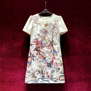 2023 Zomer Abrikoos Bloemenprint Jurk Korte Mouw Ronde Hals Knielange Casual Jurken A3Q122218