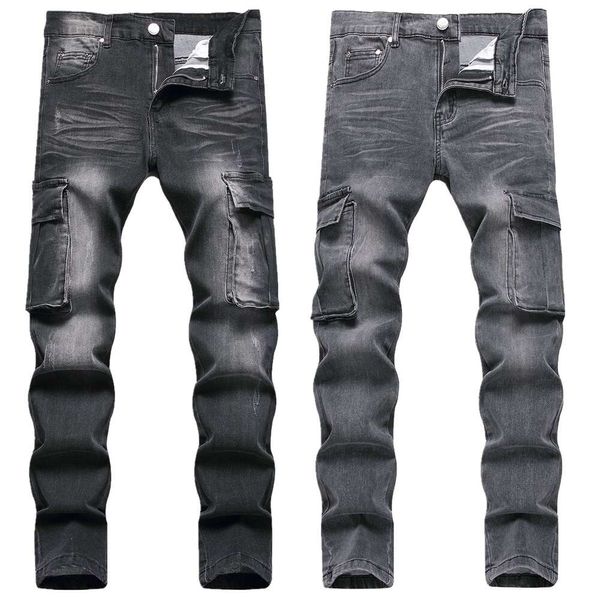 Costume de travail en Denim noir pour hommes, sac tendance, coupe Slim, petits pieds, pantalon taille moyenne, été 2023