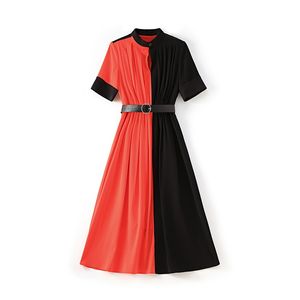 2023 été noir/rouge contraste couleur taille ceinturée robe à manches courtes col montant lambrissé Midi robes décontractées W3L045811