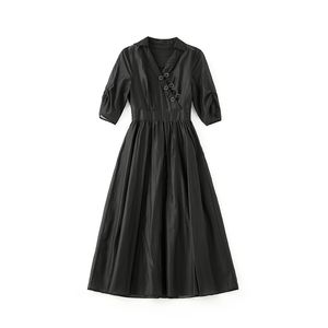 2023 été noir couleur unie lambrissé robe 1/2 demi manches col en v genou longueur robes décontractées W3L049601