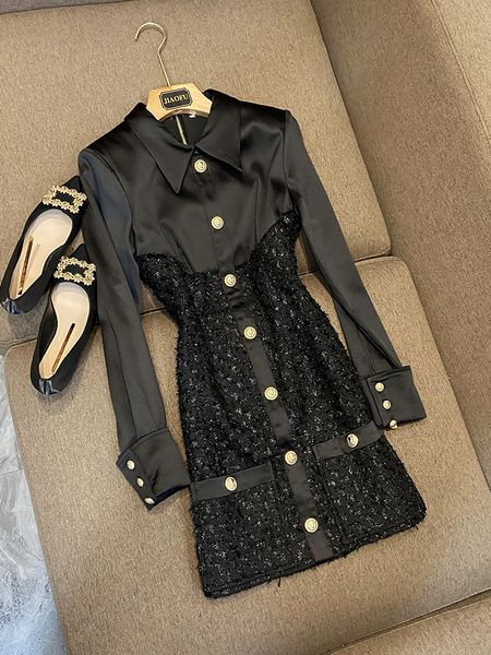 2023 été noir couleur unie lambrissé robe à manches longues revers cou boutons simple boutonnage Mini courtes robes décontractées O3A191953