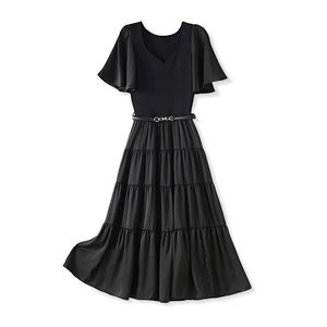 2023 été noir couleur unie taille ceinturée robe à manches courtes col en v Double poches Midi robes décontractées W3L045108