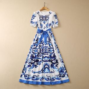 2023 Zomer blauwe en witte porseleinen print riem met korte mouw ronde nek strass lange maxi casual jurken S3W030427