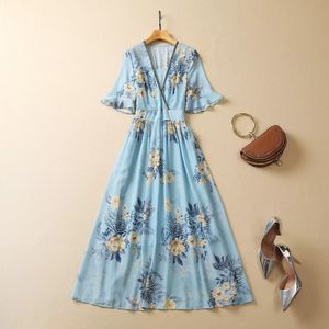 2023 Zomer blauwe bloemenprint panelen Chiffon-jurk korte mouw v-hals midi casual jurken A3A101512