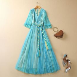 2023 Zomerblauw Ruched Weave Gordel Tule Dress 3/4 Sleeve V-Neck Contrast Kleur Lange Maxi Casual Jurken S3M160316 Plus Size XXL