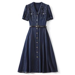 2023 été bleu robe de couleur unie à manches courtes col en v boutons midi robes décontractées W3L041508