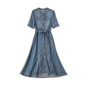 2023 été bleu couleur unie taille ceinturée robe à manches courtes col rond boutons midi robes décontractées W3L046202