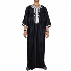 Caftan d'été 2023 pour hommes musulmans, nouvelle robe noire à manches courtes brodée de style ethnique arabe, vêtements islamiques pour hommes i6dX #