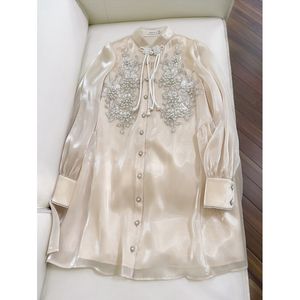 Robe perlée couleur unie Champagne, manches longues, col montant, paillettes, simple boutonnage, Mini robes décontractées, été 2023, J3L127729