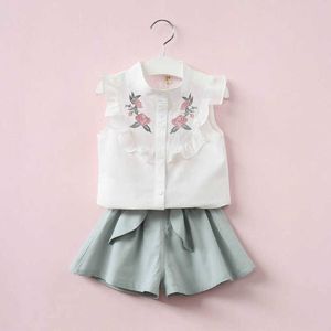 2023 été vêtements pour enfants nouvelles filles à manches courtes chemise brodée pantalon deux pièces ensemble pour filles et bébés vêtements coréens pour enfants