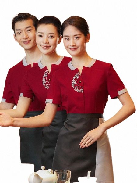 2023 Été Restaurant chinois Serveur à manches courtes Chemise rouge + Avril + Pantalon Ensemble Western Hotel Waitr Work Uniform Free Ship J4oO #