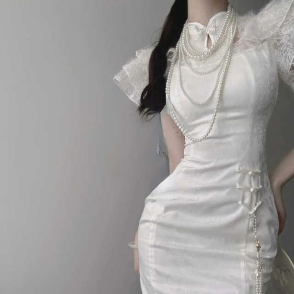 2023 été Style chinois Cheongsam robe femmes col montant à manches courtes dentelle Patchwork taille mince fendu mi-mollet robes Femme