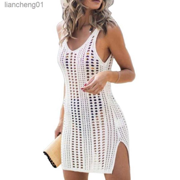 2023 Summer Cutout Beach Tank Top Sexy Bikini cubierta exterior para damas sin mangas con cuello en V vestido de longitud media vestido de playa de punto L230619