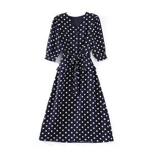 2023 Zomer Donkerblauw Polka Dot Taille Gordel Jurk Korte Mouw V-hals Knoppen Midi Casual Jurken W3L043902