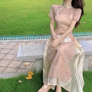 2023 verano elegante estilo chino Delgado señora vestido largo Vintage mujeres Cheongsam manga corta Rosa Patchwork vacaciones Qipao vestido