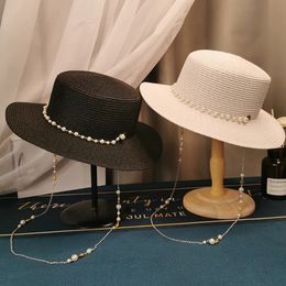 2023 Verano Elegante Cadena de perlas Sombreros de sol planos para mujeres Chapeau Feminino Sombrero de paja Panamá Ala ancha AntiUV Beach Cap Girl 240309