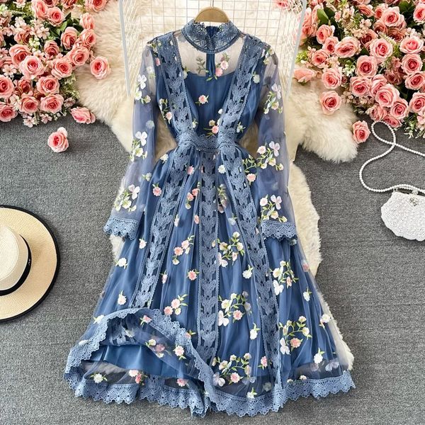 2023 Vestido de encaje bordado de verano para mujer de manga larga Bohemia flor tul azul elegante fiesta de vacaciones noche Midi Vesidos 240329