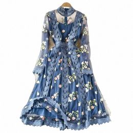 2023 Été Broderie Dentelle Dr Femmes Lg Manches Boho Frs Tulle Floral Bleu Élégant Fête De Vacances Soirée Midi Robes j7GA #