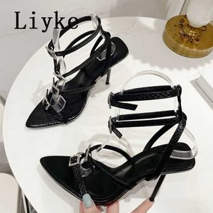 2023 Summer Fashion Black High Heels Sandalen vrouwen sexy slangenprint puntige teen Crystal Buckle Party Club Stripper schoenen 0129