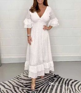 2023 Zomer Mode Maxi Jurk Losse Hoge Taille Geborduurde Effen Kleur Diepe V-hals Korte Mouw Feest Galajurken Voor Dames Grote Maat 3xl 4xl 5xl Kleding