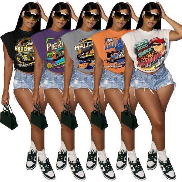 2023 Camisas de moda de verano Ropa de diseñador para mujer Blusas casuales Cool Racing Impreso sin mangas Camiseta de corte lateral Top