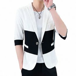 2023 Été Fi Patchwork Costume Veste Mince 3/4 Manches Casual Blazer Streetwear Slim Social Barber Dr Manteau Hommes Vêtements o8Bn #