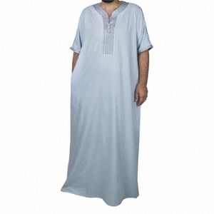2023 Été Fi Style Musulman Hommes Demi-manches Polyester Lg Jubba Thobe Musulman Fi Abaya Musulman Hommes Vêtements m7XE #