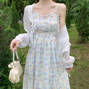 2023 Zomer Franse Elegante Lace-up Bloemen Midi Jurk Vrouwen Strand Vintage Band Jurken Lady Koreaanse Zoete Fee Feestjurk chic