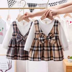2023 Summer Girl Dress solide t-shirt tops gestreepte geruite boog prinsesjurk mooie kleur kinderjurken voor meisjes mode meisjes kleding