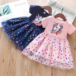 2023 Summer Girls Robe Cotton Cartoon Unicorn Splicing Mesh Party Princess Robes pour 26 ans Vêtements d'anniversaire 240423