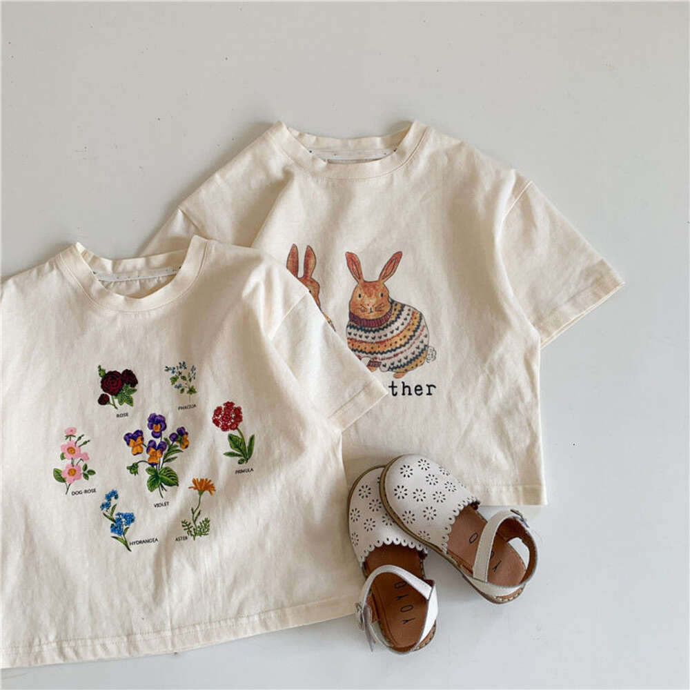 2023サマーガールズTシャツの子供用漫画ベージュカラーチルドレンティー幼児アウターベイビー衣装l2405