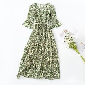 2023 Zomer Groene Bloemen Rozenprint Kralen Zijden Jurk 1/2 Halve Mouw V-hals Belted Midi Casual Jurken C3Q04 Plus Size XXL 5063