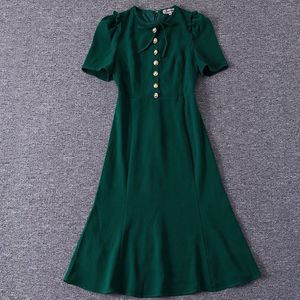 2023 verano cinta verde lazo vestido de manga corta Color sólido cuello redondo botones Midi vestidos casuales A3A101500 de talla grande XXL