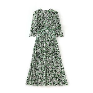 2023 Zomer Greenfloral Print Silk Jurk korte mouw V-hals knie-lengte casual jurken W3L049202