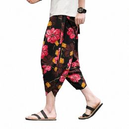 2023 Été Harajuku Casual Pantalon de longueur de mollet Pantalons pour hommes Pantalons à jambes larges Cott Lin Impression Sarouel Hommes Vêtements Fi Baggy N67E #