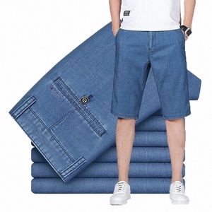 2023 Zomer Lyocell Fabric Fabric Busin Denim Shorts Straight Fit Stretch Short Jeans Male merk Hoge kwaliteit Black Blue X74H#