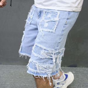 2023 verano hombres High Street parche rasgado Denim elegante sólido Casual masculino pantalones vaqueros rectos pantalones cortos