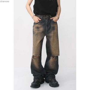 2023 Été Hommes Métal Bouton Trou Jeans Tendance De La Mode Pantalons Décontractés Lâche Nouveau Rétro Streetwear Bleu Couleur Pantalon S-XL HKD230829