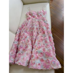 2023 Zomer Multicolor 3D Flowers Floral Panced Tule Dress Spaghetti Riemschep Hals Midi Casual jurken J3L047823