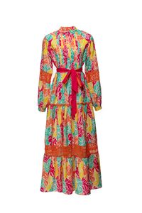 2023 Zomer multicolor bloemenprint riem met riem lantaarn mouw stand kraag panelen Lange casual jurken D3W031904