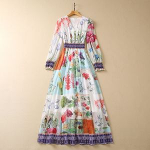 2023 Zomer multicolor bloemenprint panelen Chiffon-jurk lange mouw v-hals elastische taille lange maxi casual jurken S3W090505