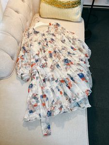 2023 Zomer Multicolor Bloemenprint Ruffle Chiffon Jurk Lange Mouwen V-hals Panelled Knielange Casual Jurken J3L1278777584