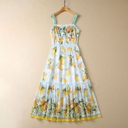 2023 Zomer multicolor citroenprint kralen katoenen jurk spaghetti strap vierkante nek pailletten midi casual jurken s3w220518