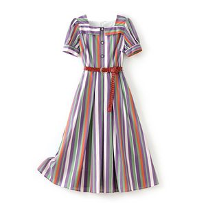 2023 Zomer multicolor gestreepte afdrukta -riem van randen met korte mouwen vierkante nek knoppen Midi Casual jurken W3L043408