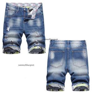 2023 Zomer Nieuwe en Versleten Gat Heren 5/4 Denim Shorts Trendy Slim Fit Straight Mid Rise Broek