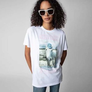 2023 Zomer Nieuwe Franse Minderheid Zadig Voltaire2024 Witte Paardeninkt Digitale Print Hot Diamond Zoom Split Korte Mouw T-shirt Dames